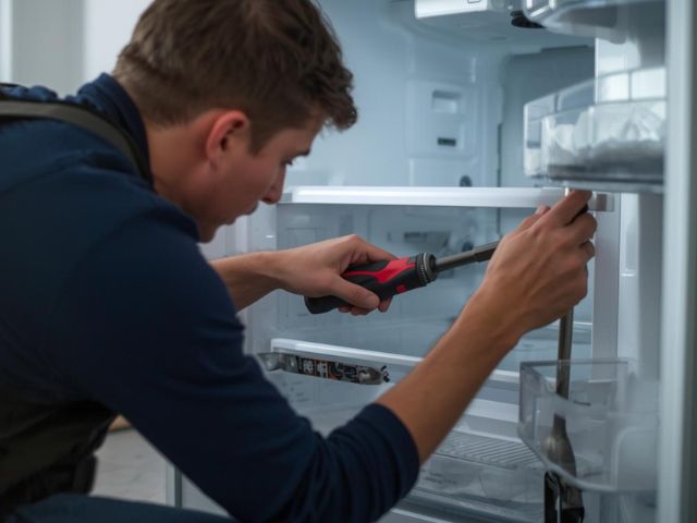 Homeowner cleaning GE Monogram refrigerator condenser coils